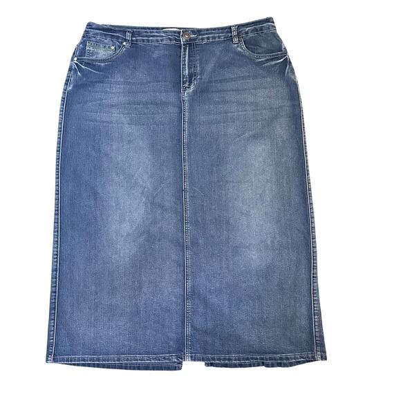 Cato Denim Midi Skirt 18W Blue Stretch Jean Skirt Back Slit Embroidered Pockets - Picture 1 of 9